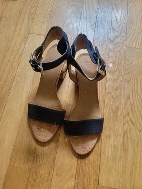 Franco Sarto Black Cork Wedge Ankle-Strap Sandals